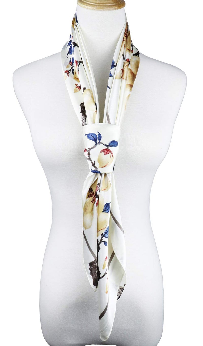 vabovin 35" Silk Like Headscarf for women fashion Pattern Large Square Satin Hair Scarf (White Flowers) - Image 5